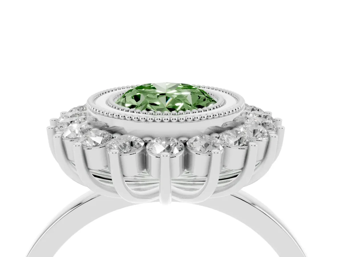 Fancy Green Oval Cut Halo Diamond Ring with Milgrain Edge and Round Prong Setting Silver