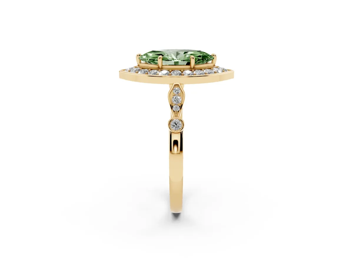Fancy Green Marquise Cut Halo Diamond Engagement Ring with Twisted Band and Four-Prong Setting Yellow gold