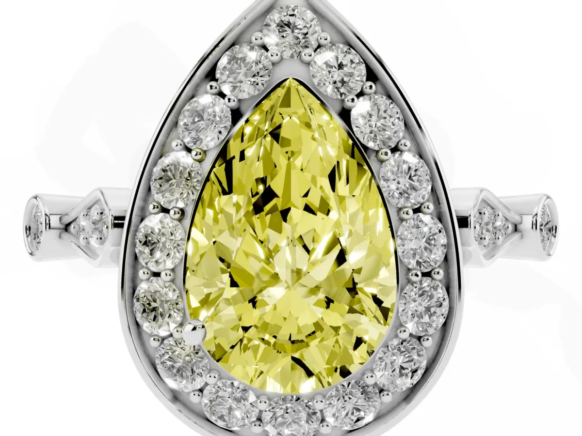 Fancy Yellow Pear Cut Halo Diamond Engagement Ring with Twisted Band and Four-Prong Setting Platinum