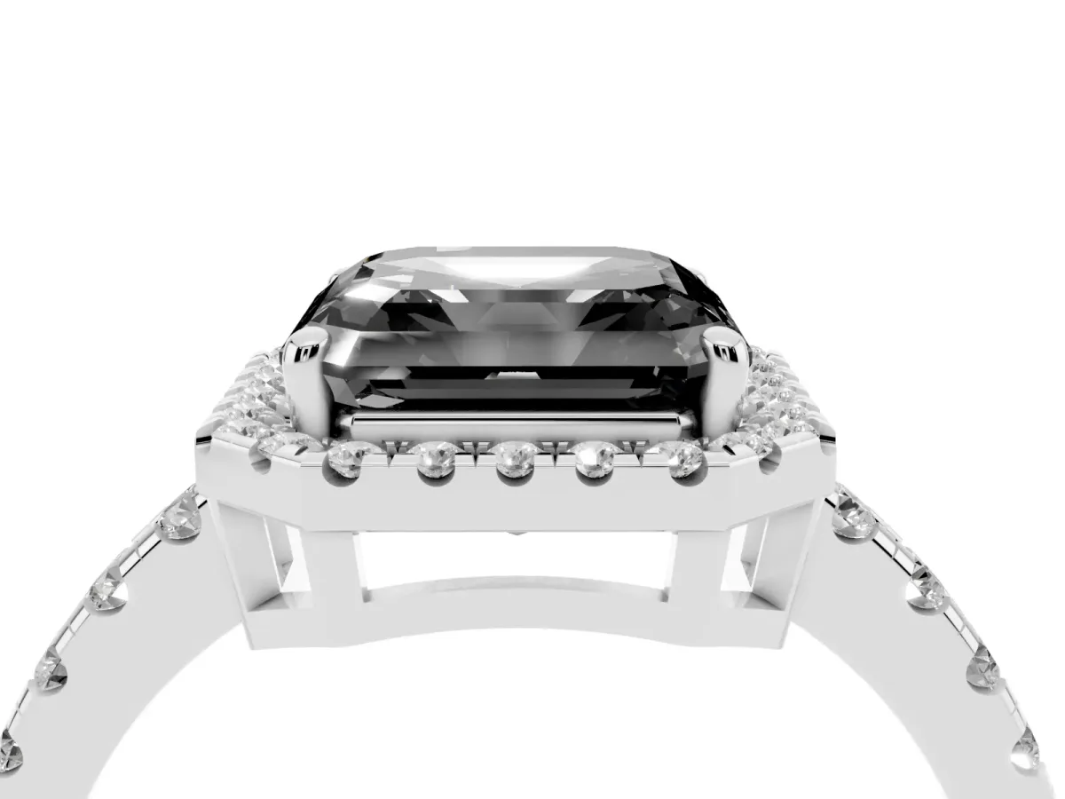 Fancy Black Asscher Cut Diamond Halo Ring with Pavé Band and Four-Prong Setting Silver