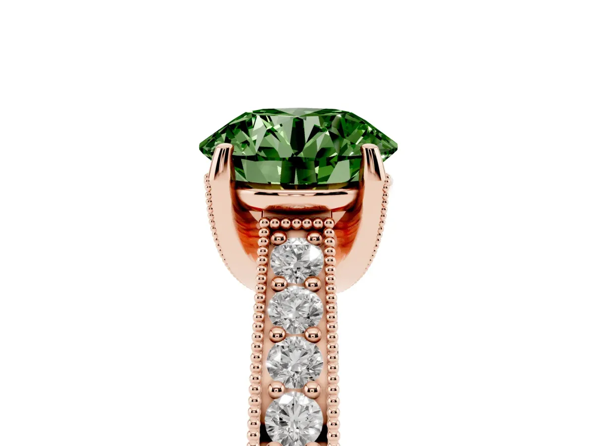 Fancy Green Round Cut Cut Diamond Solitaire Ring with Milgrain Pave Band and Four Prong Setting Rose gold