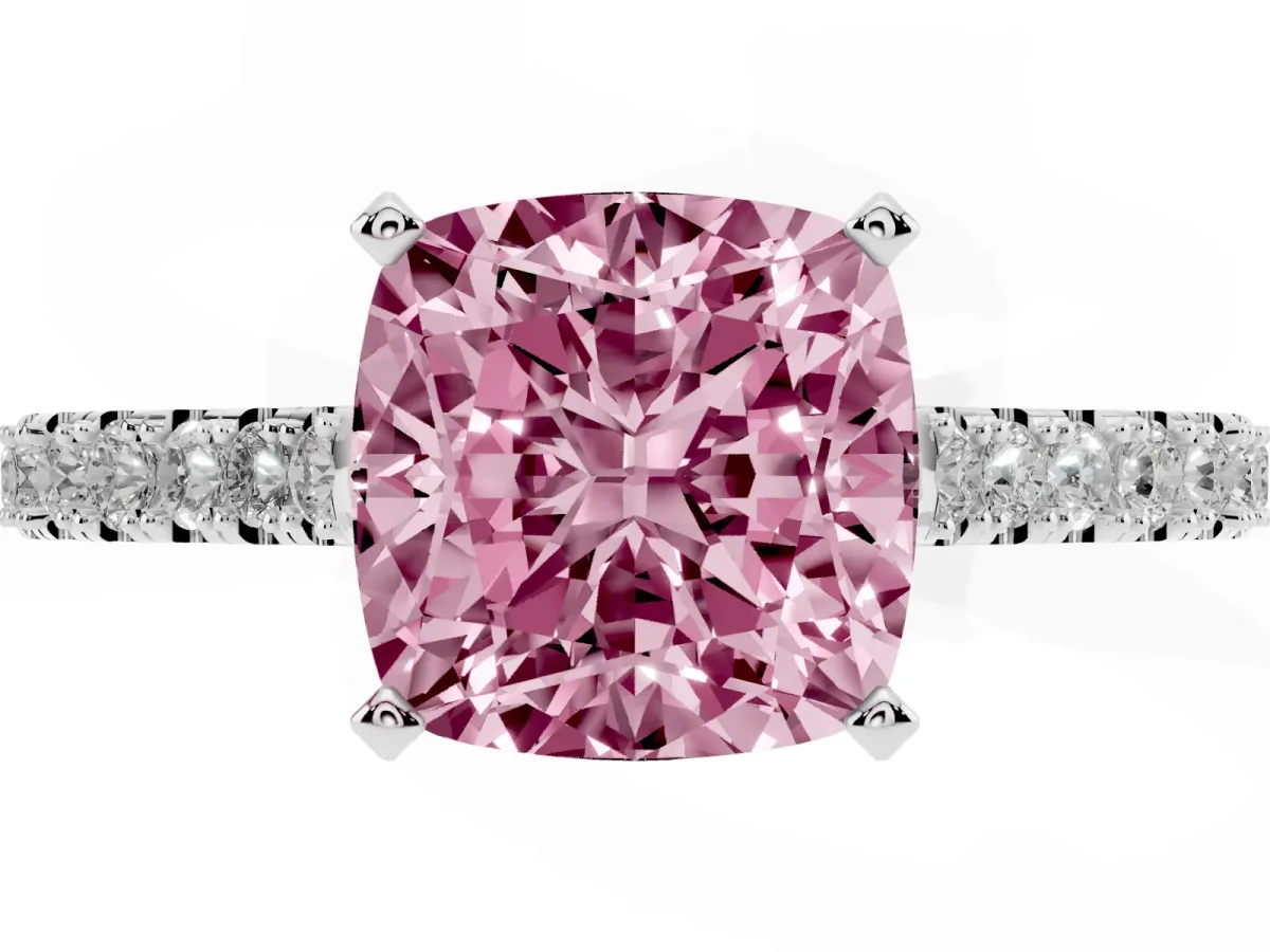 Fancy Pink Cushion Cut Cut Solitaire Diamond Engagement Ring with Pave Band and Four-Prong Setting White gold