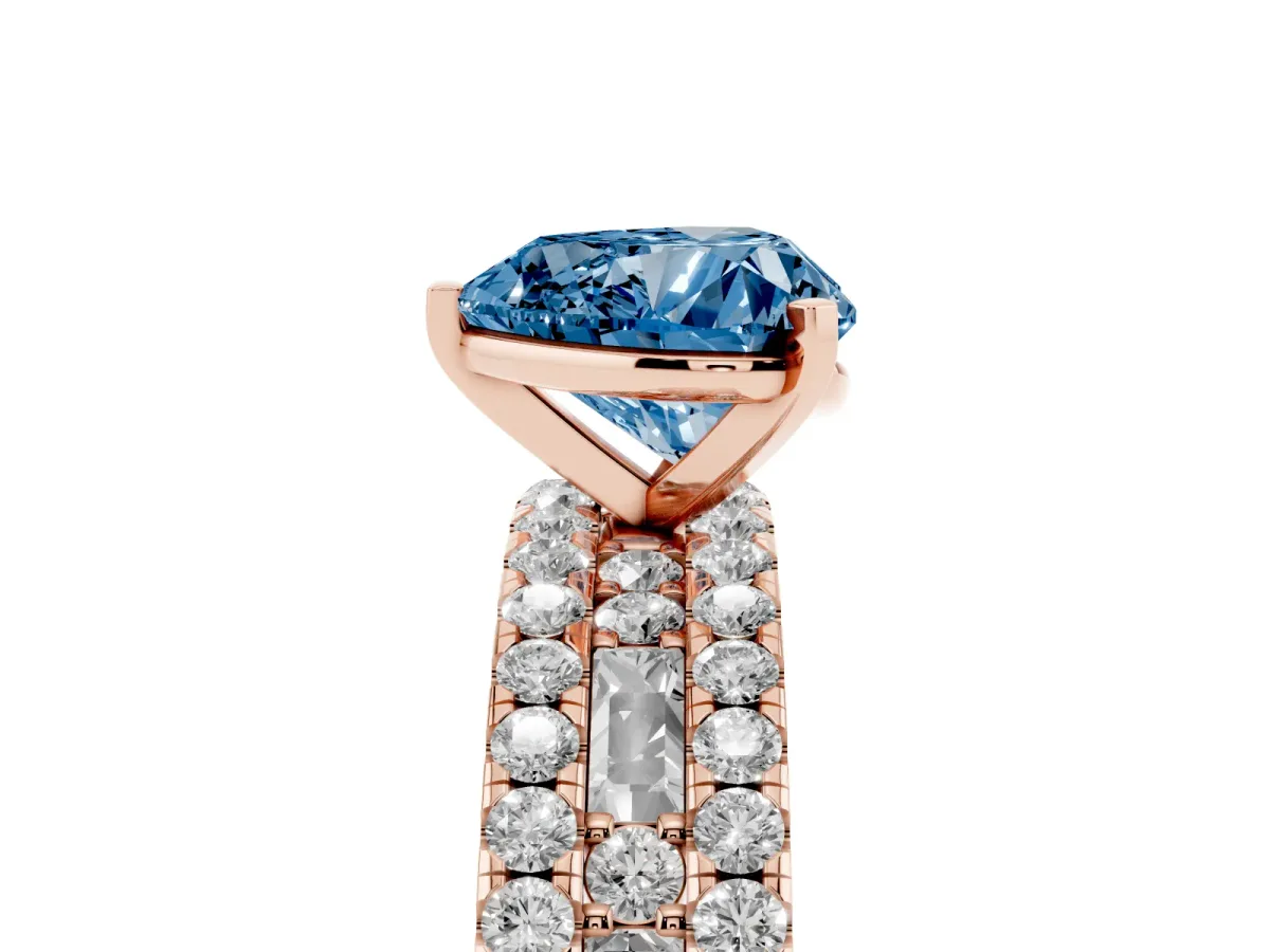 Fancy Blue Heart Cut Diamond Solitaire Ring with Pavé and Channel Set Band Rose gold