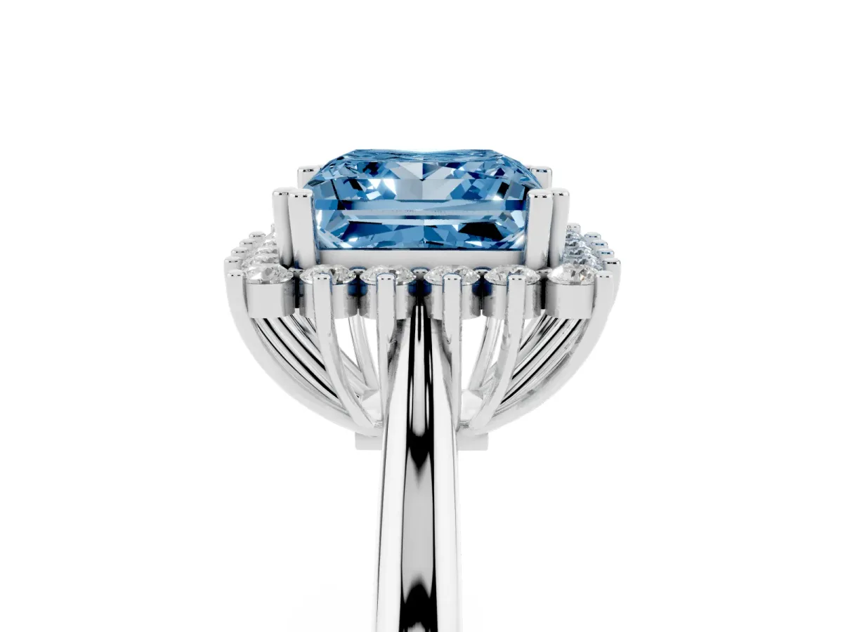 Fancy Blue Princess Cut Cut Diamond Halo Ring with Solitaire Band and Prong Setting White gold