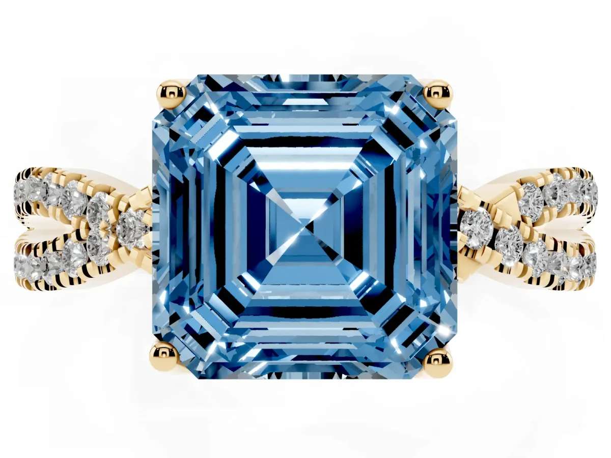 Fancy Blue Asscher Cut Solitaire Twist Pave Diamond Engagement Ring with Prong Setting Yellow gold