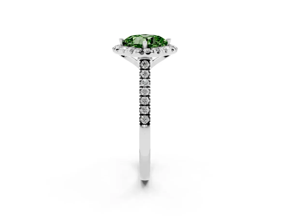 Fancy Green Cushion Cut Diamond Cushion Halo Ring with Pavé Band Silver
