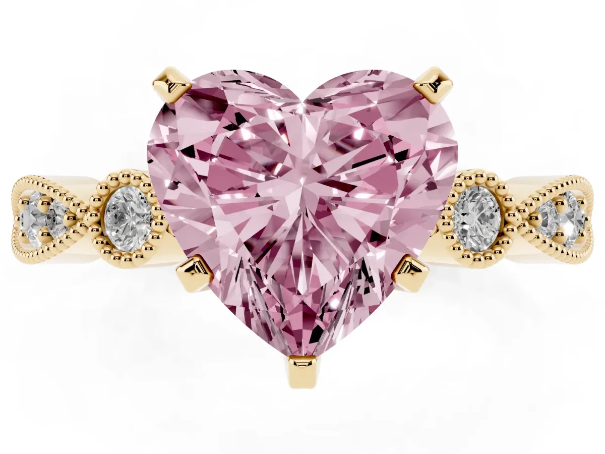 Fancy Pink Heart Cut Milgrain Bezel Diamond Engagement Ring with Solitaire Prong Setting Yellow gold