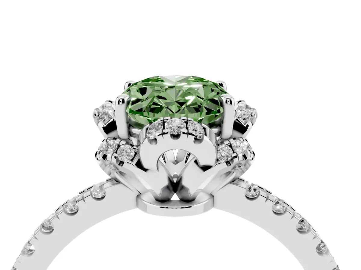 Fancy Green Oval Cut Diamond Halo Pave Band with Four-Prong Setting Platinum