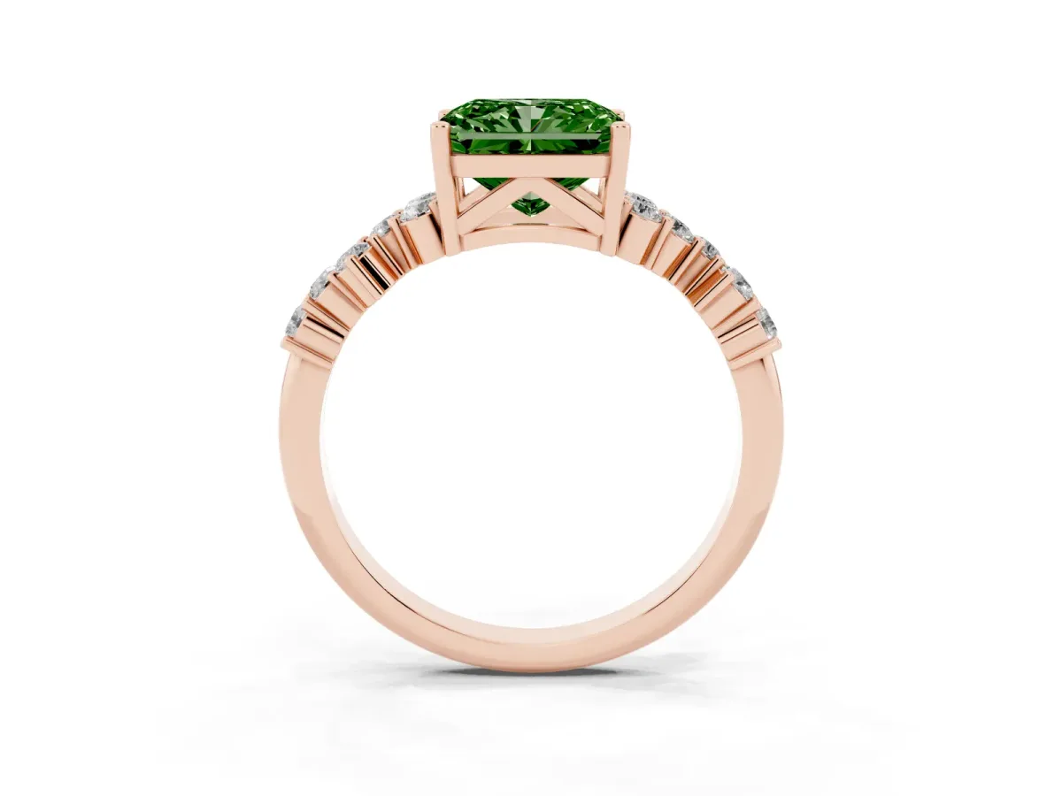Fancy Green Radiant Cut Diamond Scattered Round Accent Ring with Prong Setting Rose gold