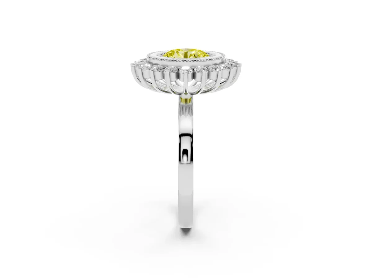 Fancy Yellow Round Cut Halo Diamond Ring with Milgrain Edge and Round Prong Setting Silver