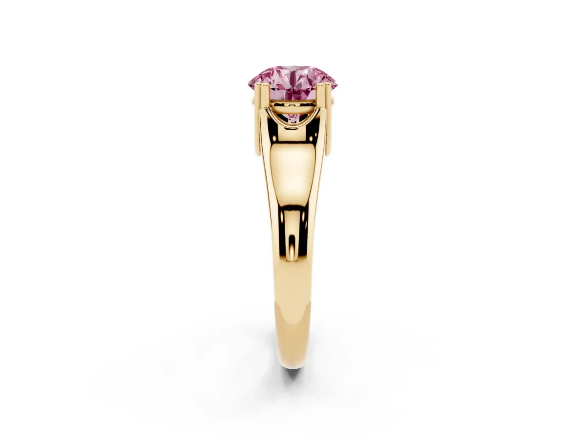 Fancy Pink Round Cut Diamond Solitaire Ring with Wide Band and Prong Setting Yellow gold
