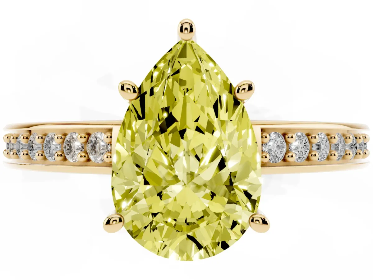 Fancy Yellow Pear Cut Solitaire Pavé Band Prong Setting Ring Yellow gold