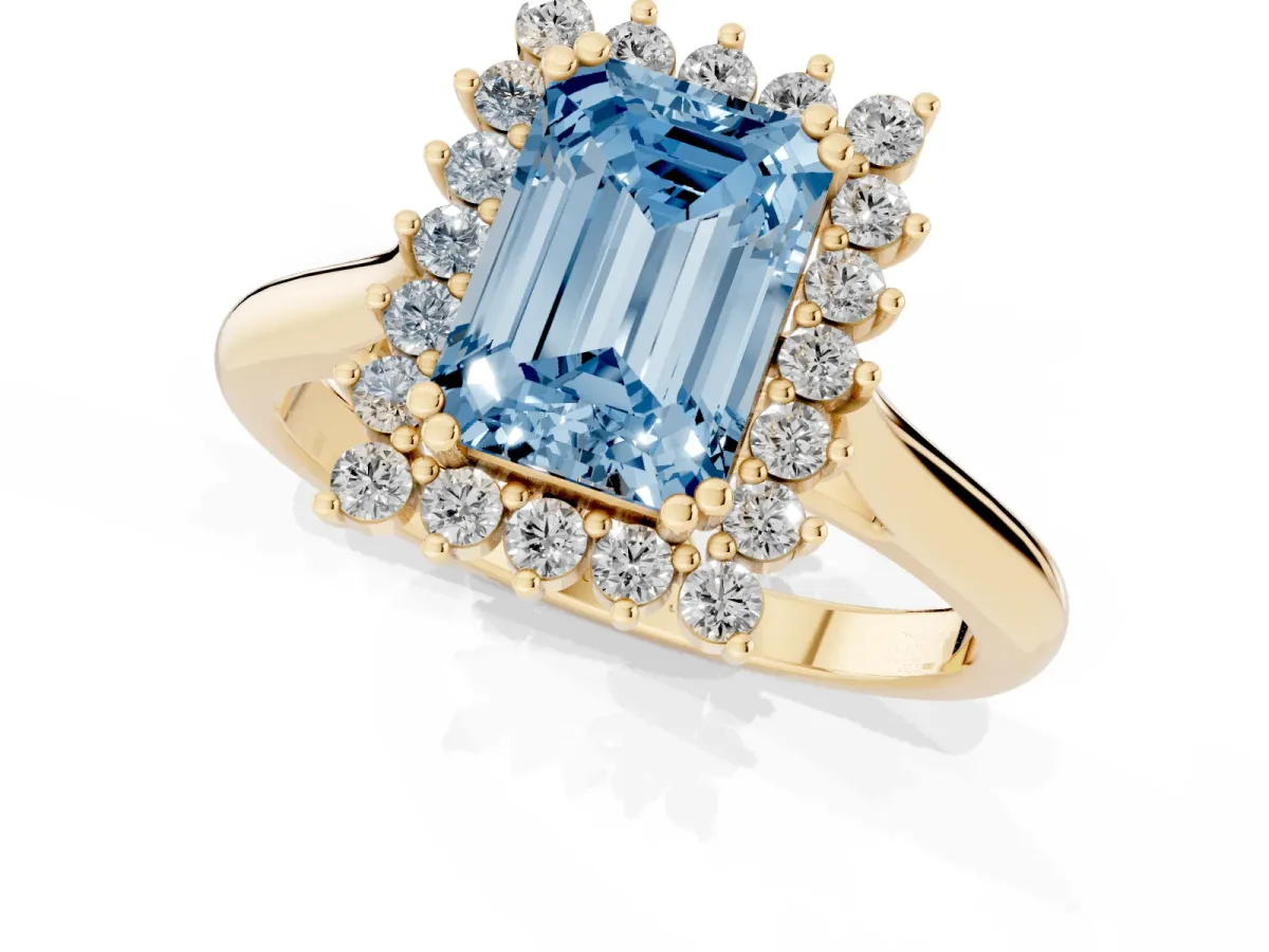 Fancy Blue Emerald Cut Cut Diamond Halo Ring with Solitaire Band and Prong Setting Yellow gold