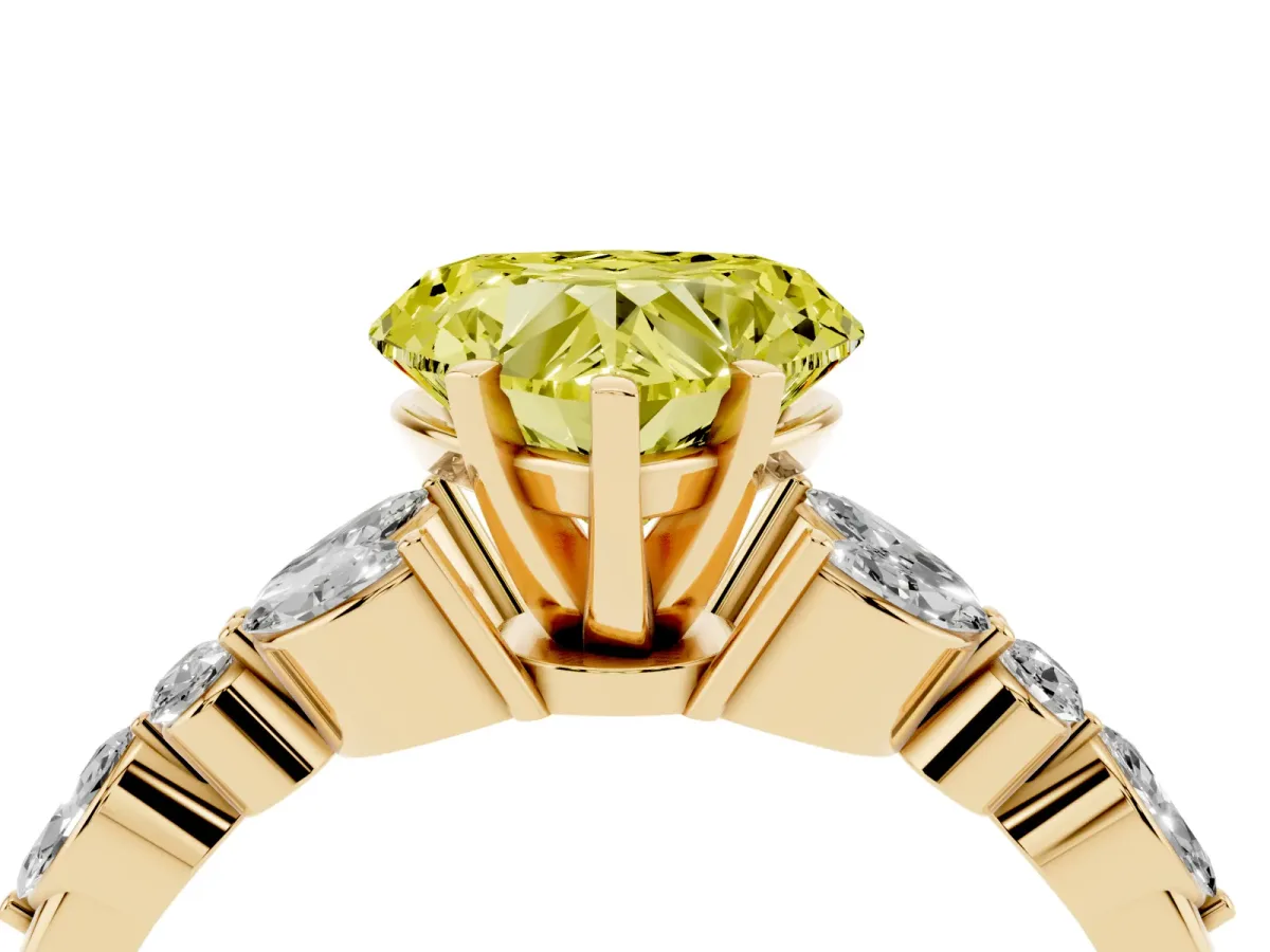 Fancy Yellow Heart Cut Diamond Solitaire Ring with Side Stones and Four-Prong Setting Yellow gold