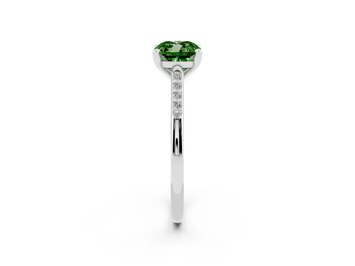Fancy Green Cushion Cut Diamond Solitaire Ring with Channel Set Round Band and Prong Setting Silver