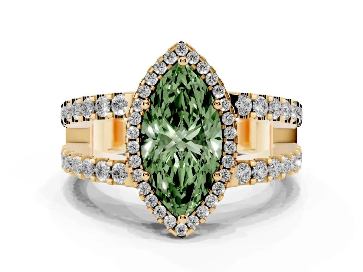 Fancy Green Marquise Cut Cut Halo Split Shank Diamond Ring with Four-Prong Setting Yellow gold
