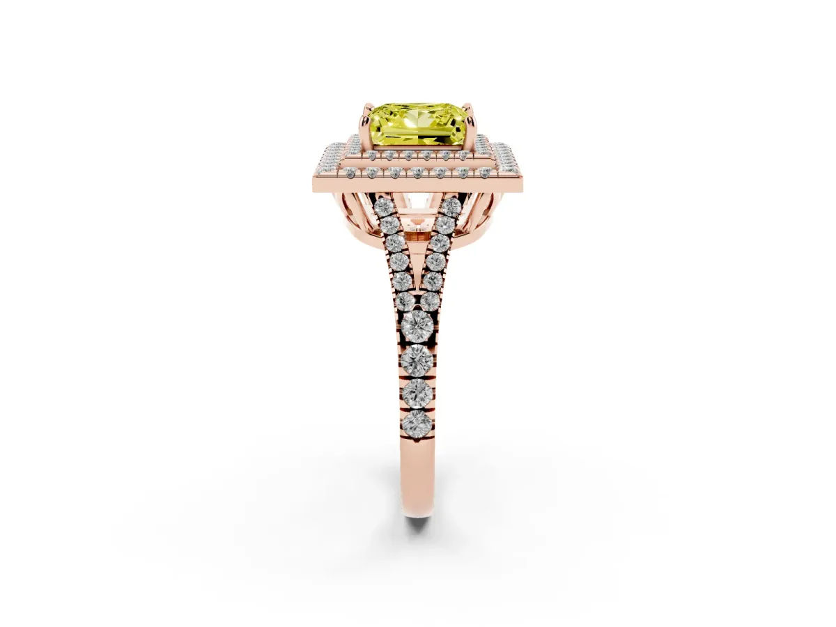 Fancy Yellow Princess Cut Diamond Double Halo Ring with Pavé Band and Prong Setting Rose gold