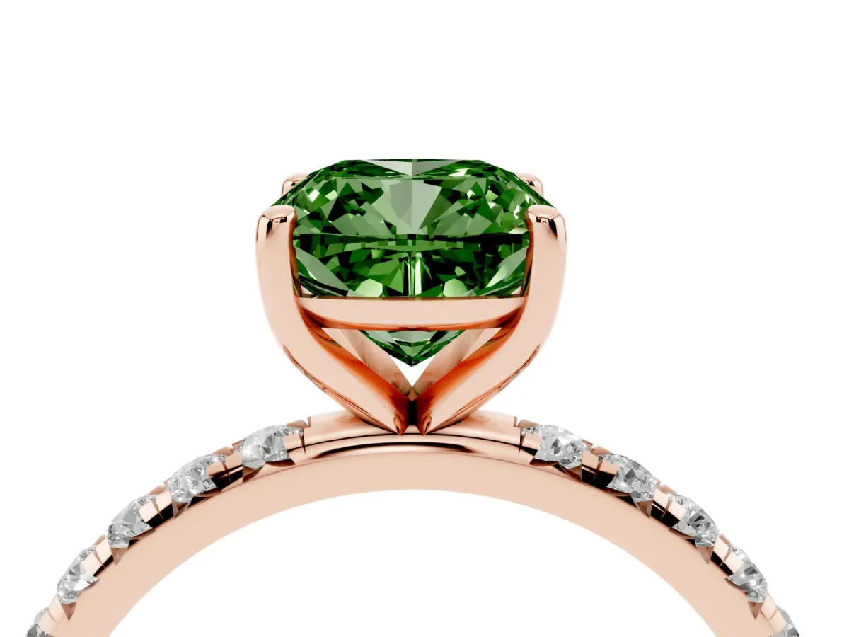 Fancy Green Cushion Cut Cut Diamond Solitaire Ring with Micro Pave Band and Four Prong Setting Rose gold