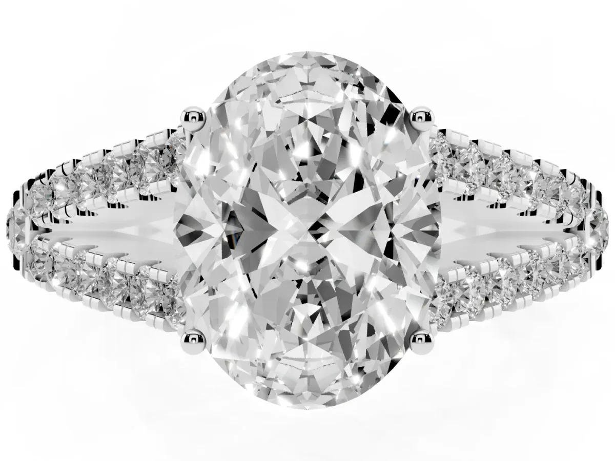 Oval Cut Diamond Split Shank Engagement Ring with Round Pavé and Prong Setting Platinum