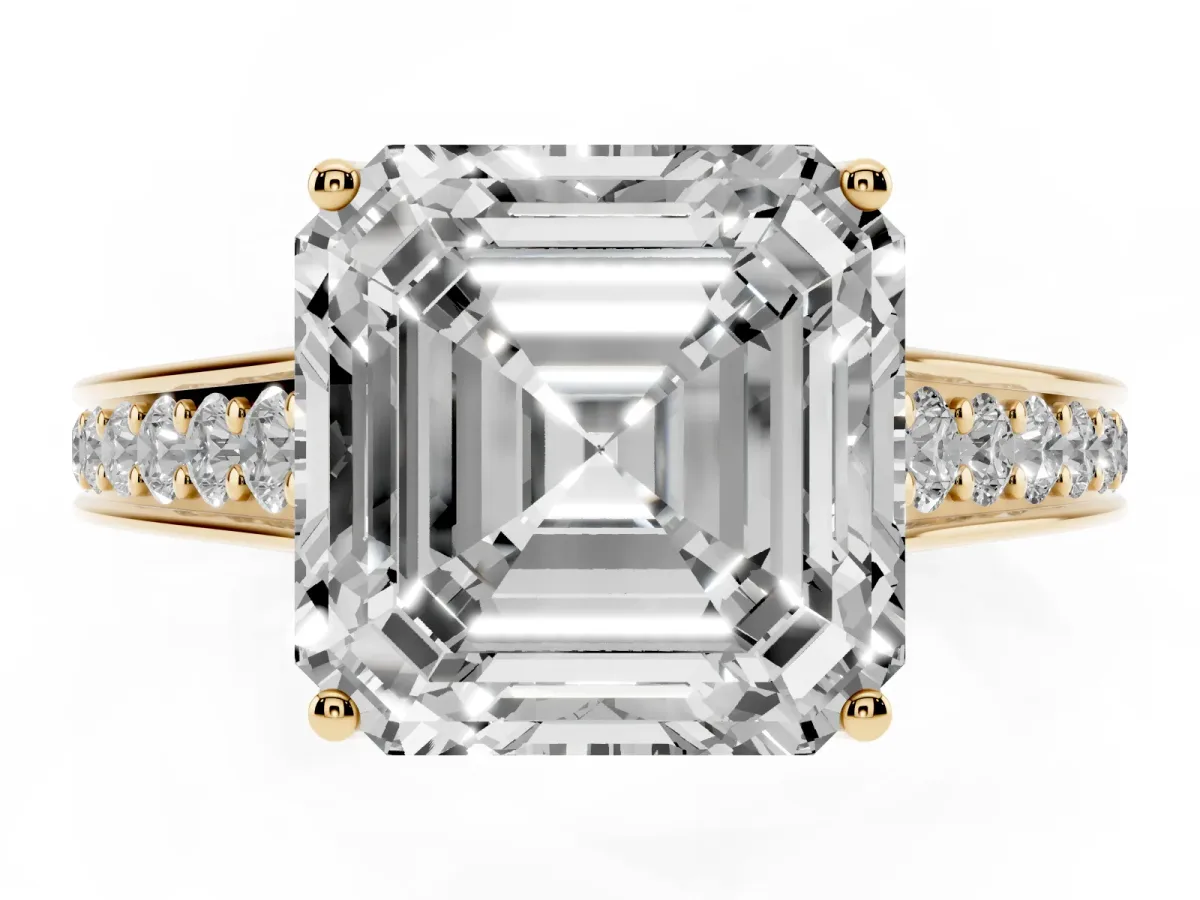 Asscher Cut Brilliant Cut Diamond Engagement Ring with Pavé Band and Four-Prong Setting Yellow gold