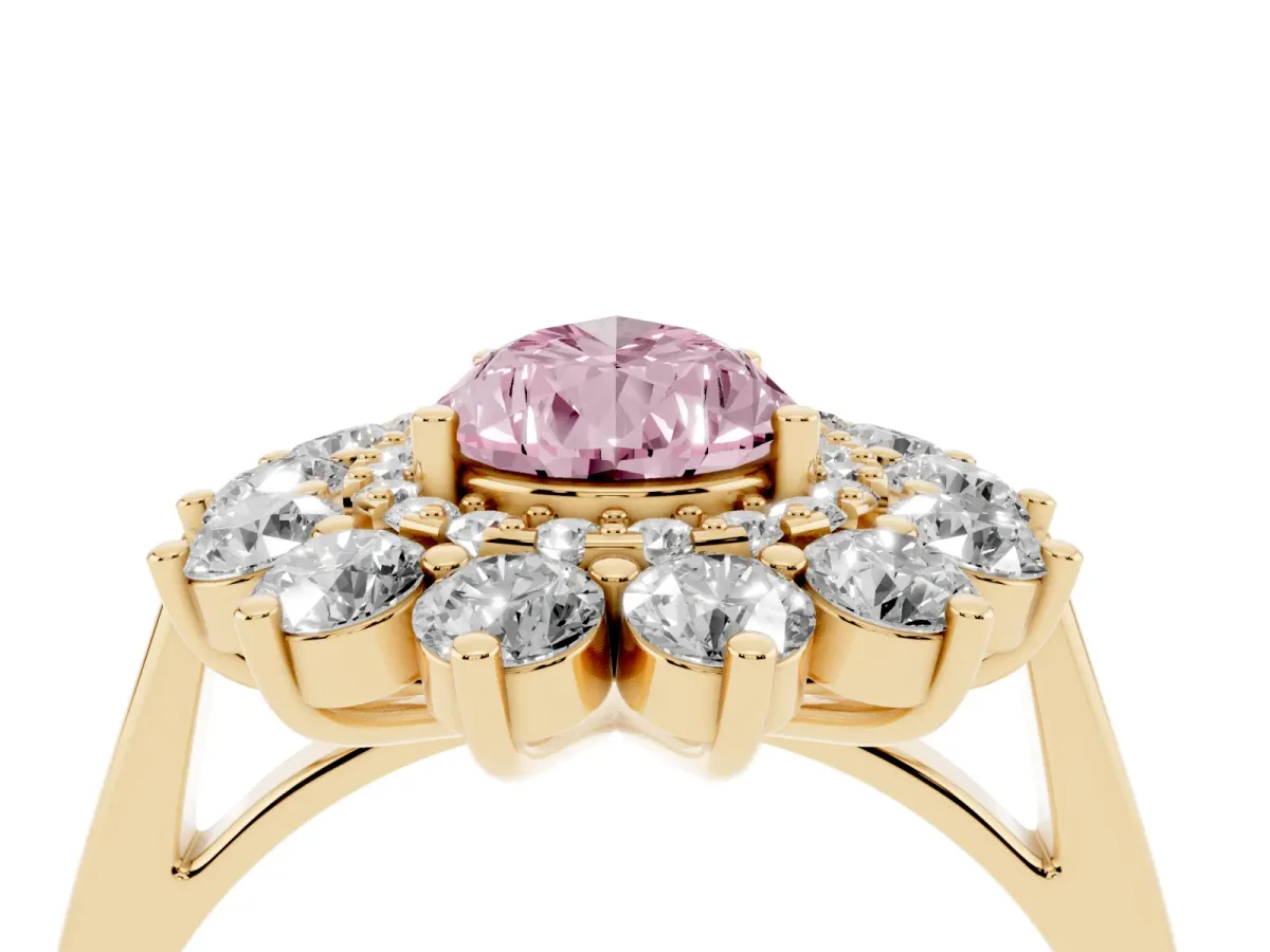 Fancy Pink Pear Cut Diamond Floral Double Halo Engagement Ring with Prong Setting Yellow gold