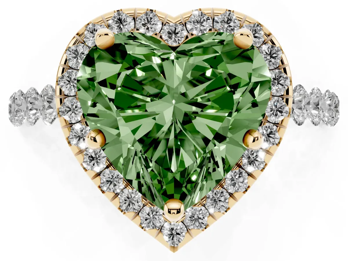 Fancy Green Heart Cut Halo Pavé Diamond Engagement Ring with Four-Prong Setting Yellow gold