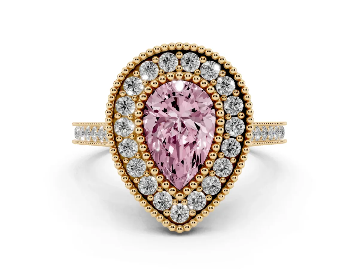 Fancy Pink Pear Cut Diamond Halo Ring with Milgrain Frame and Pavé Band Yellow gold
