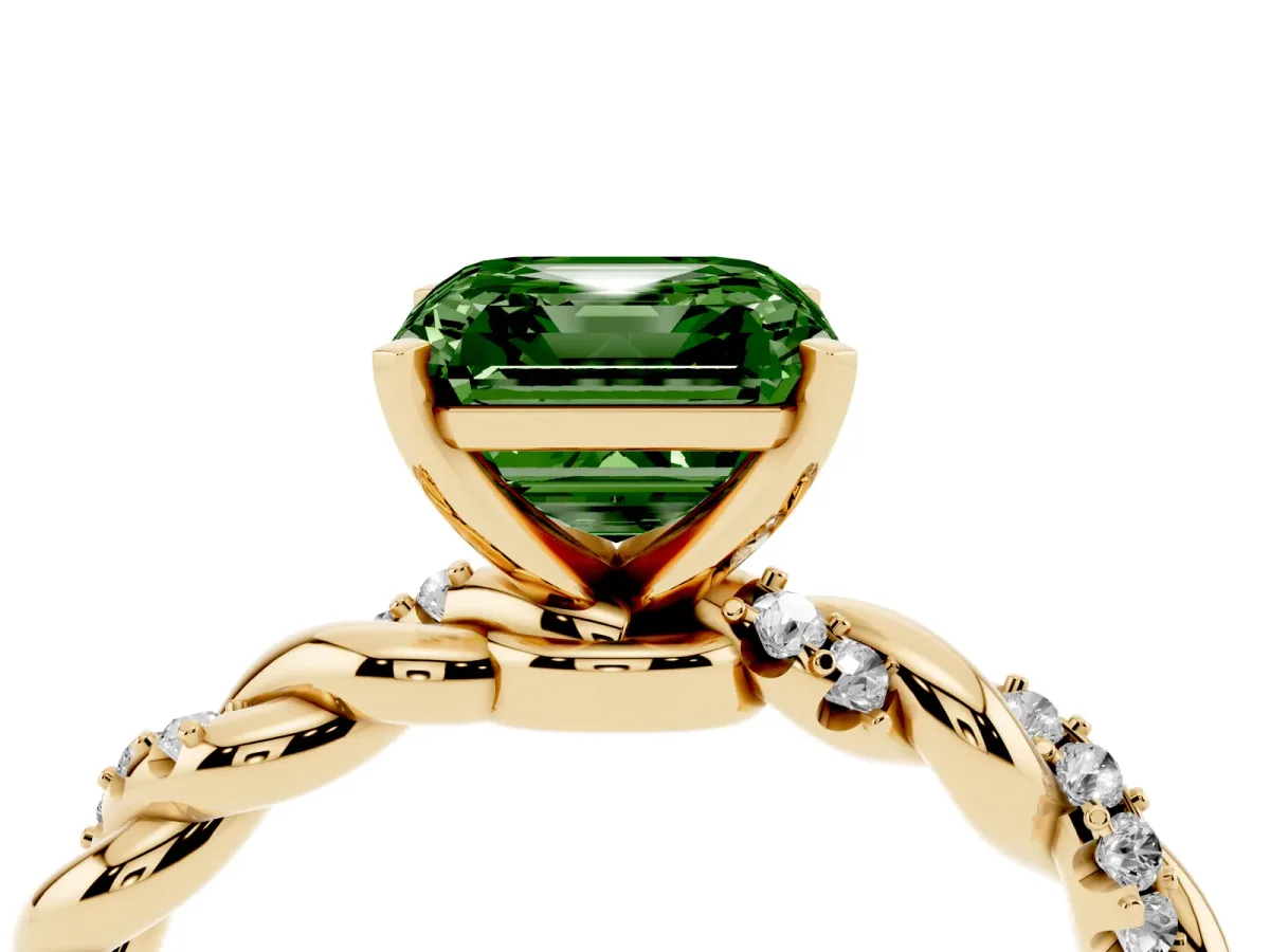 Fancy Green Asscher Cut Diamond Solitaire Ring with Twisted Band and Pavé Accents Yellow gold