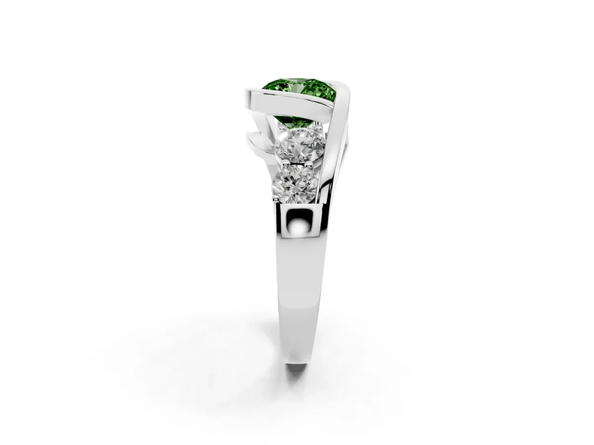 Fancy Green Bezel Set Cushion Cut Diamond Bypass Ring with Round Accents Platinum