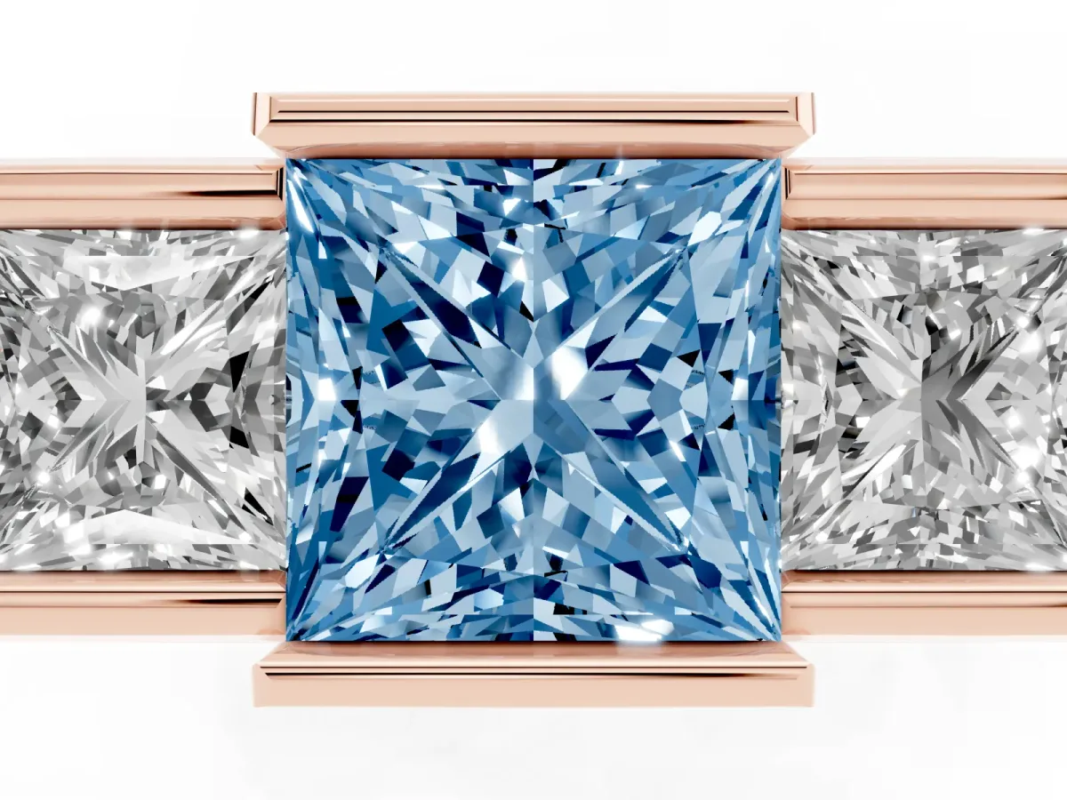 Fancy Blue Three Stone Princess Cut Cut Channel Set Diamond Ring Rose gold