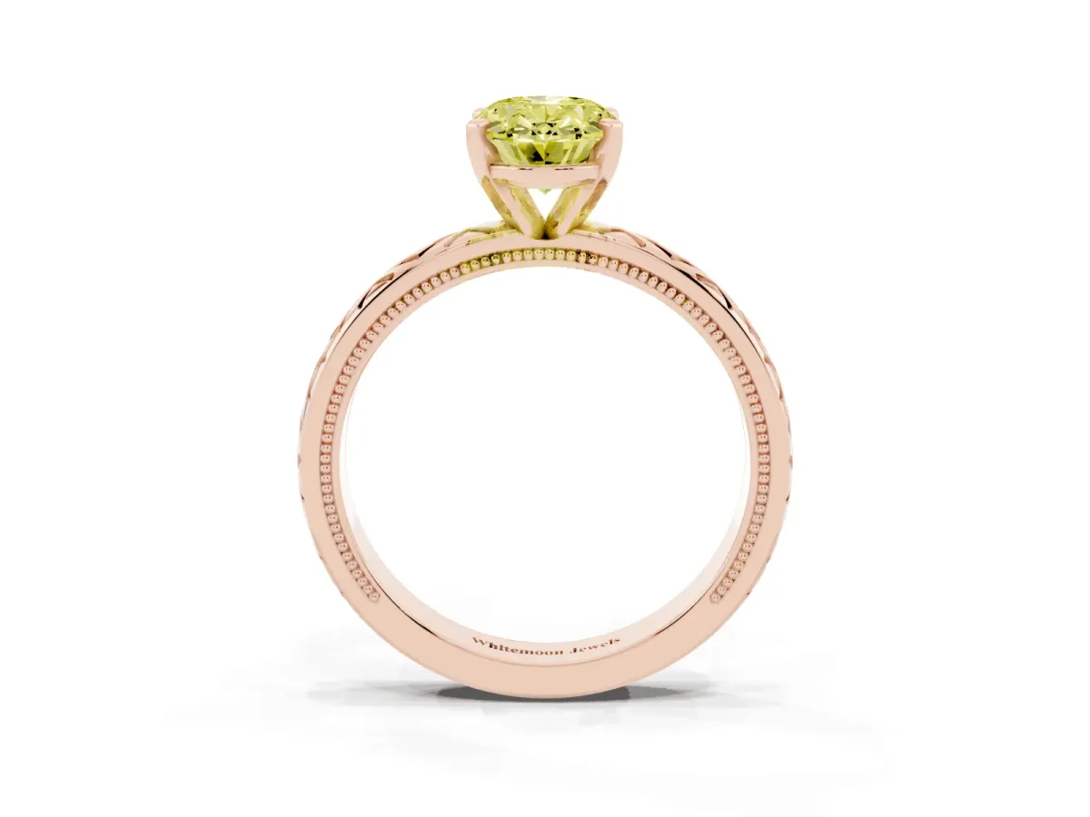 Fancy Yellow Oval Cut Solitaire Diamond Ring with Milgrain and Black Enamel X Pattern Band Rose gold