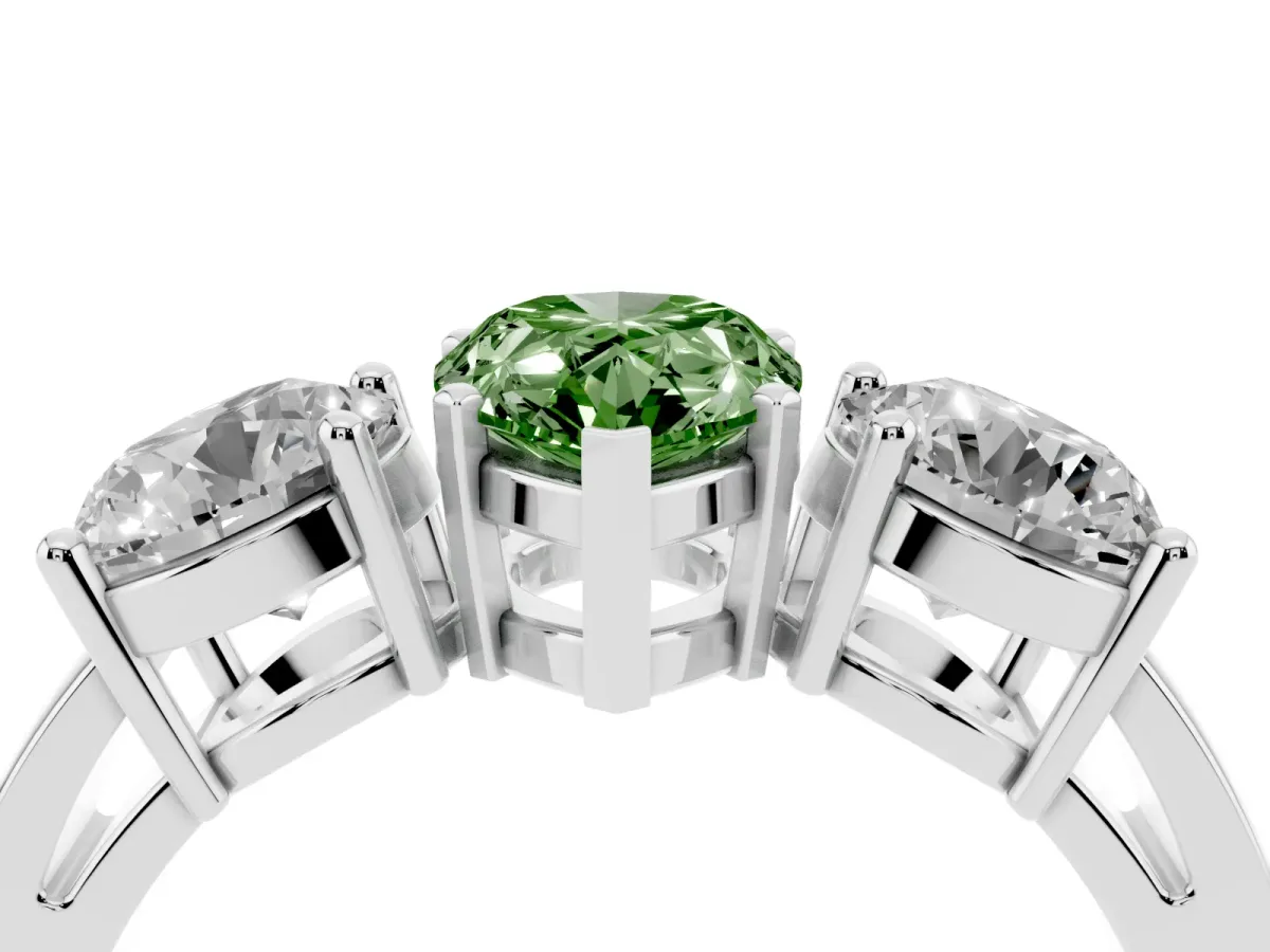 Fancy Green Three-Stone Pear Cut Diamond Ring with Round Side Stones, Classic Band, and Four-Prong Setting Platinum