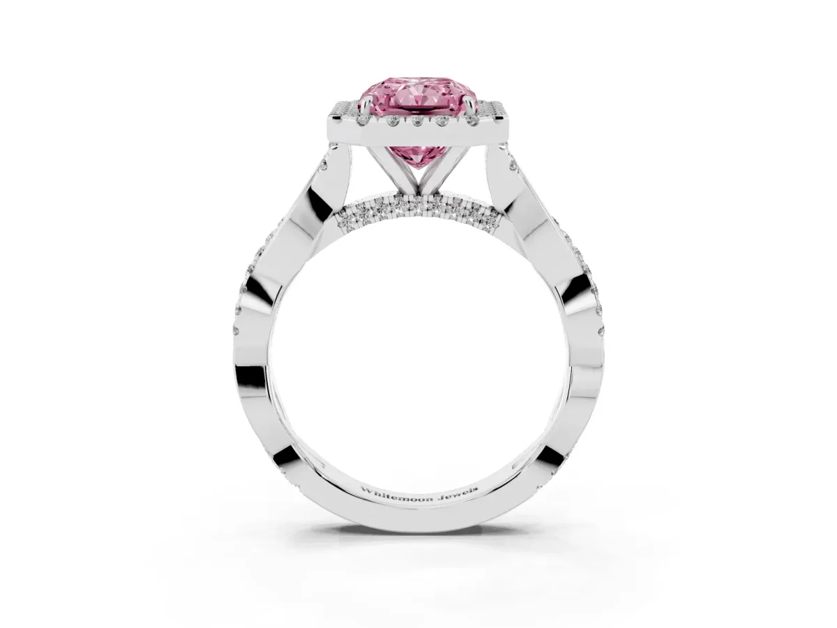 Fancy Pink Radiant Cut Halo Twist Band Solitaire Ring Silver