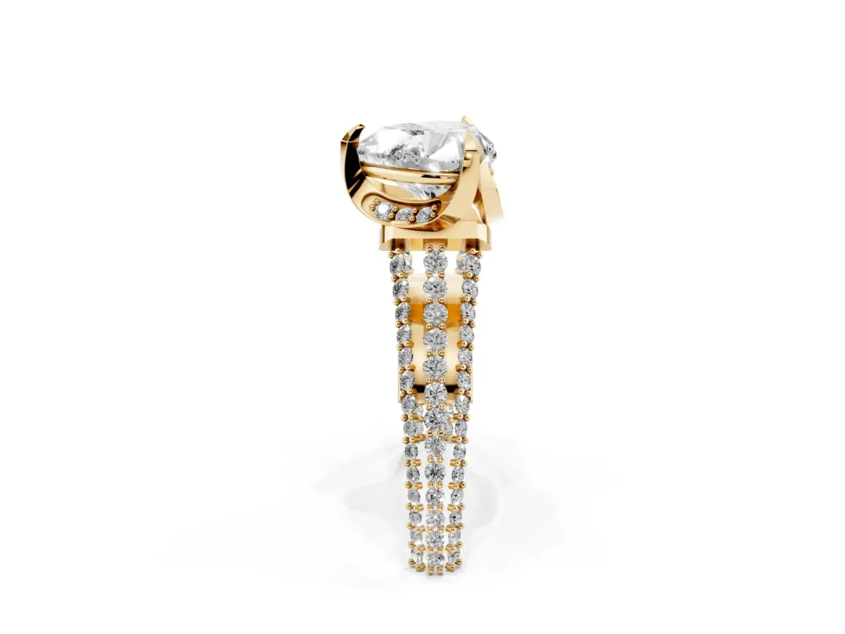 Heart Cut Solitaire Pave Split Shank Ring with Four-Prong Setting Yellow gold