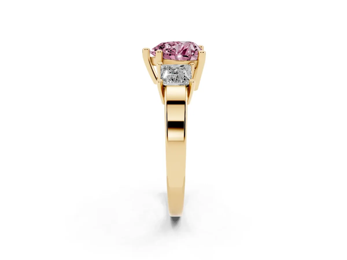 Fancy Pink Three-Stone Heart Cut Cut Solitaire Ring with Prong Setting Yellow gold