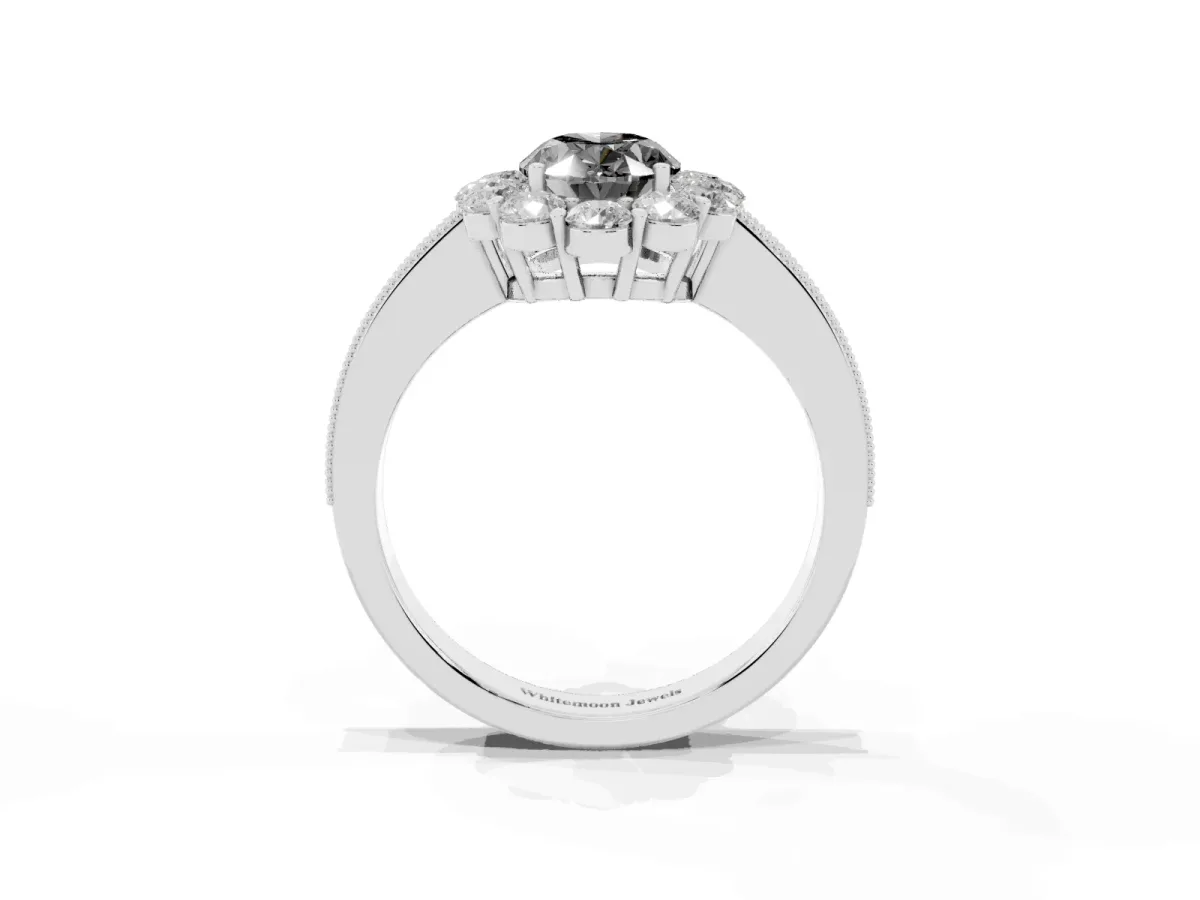 Fancy Black Oval Cut Cut Halo Diamond Pavé Engagement Ring with Milgrain Detailing Platinum
