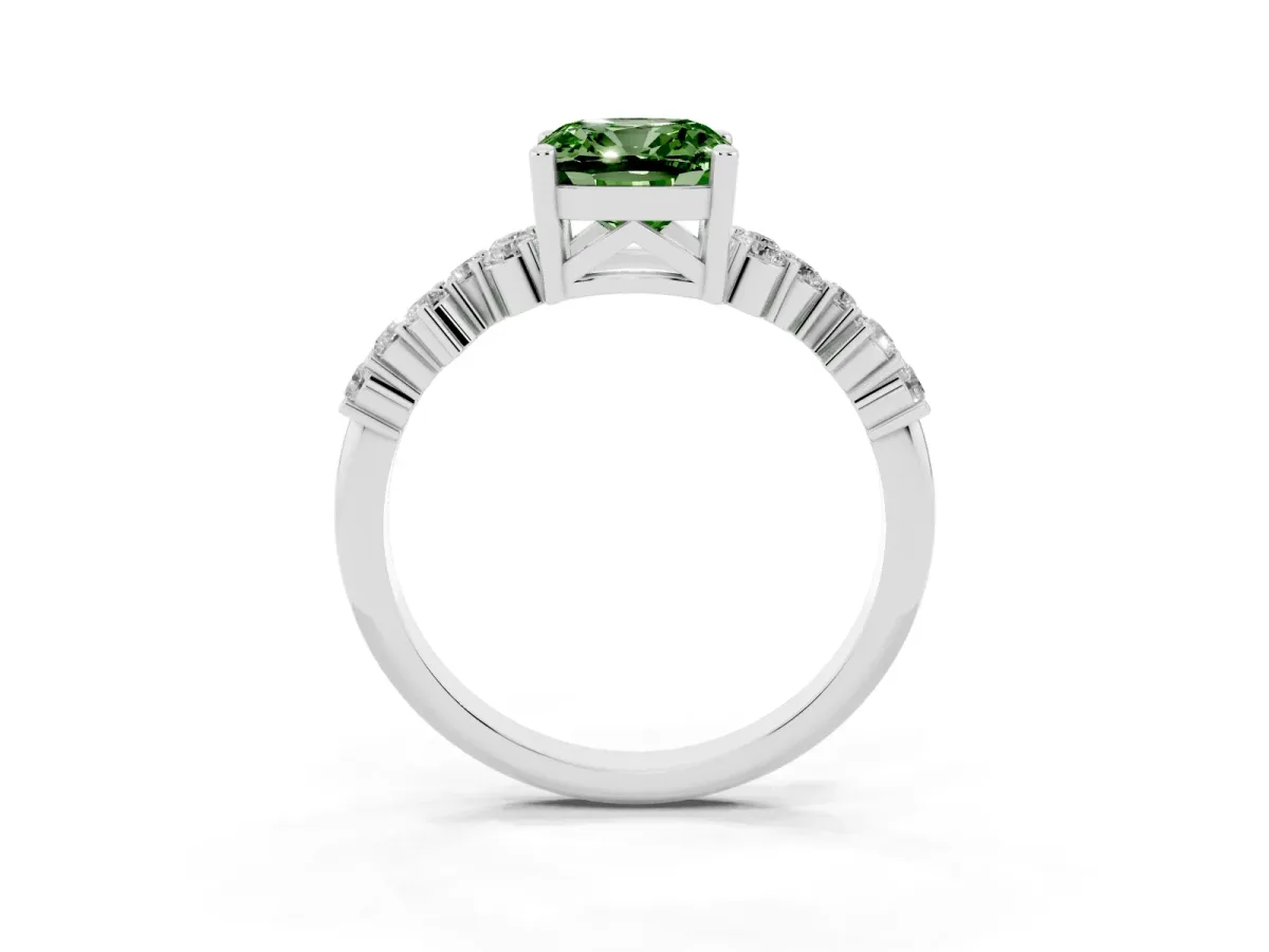 Fancy Green Cushion Cut Diamond Scattered Round Accent Ring with Prong Setting White gold