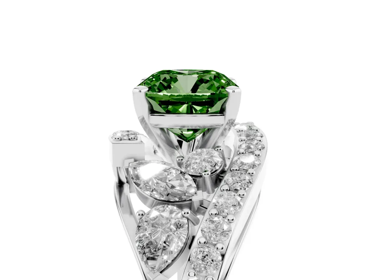 Fancy Green Cushion Cut Diamond Halo Ring with Marquise and Pavé Band in Prong Setting Silver