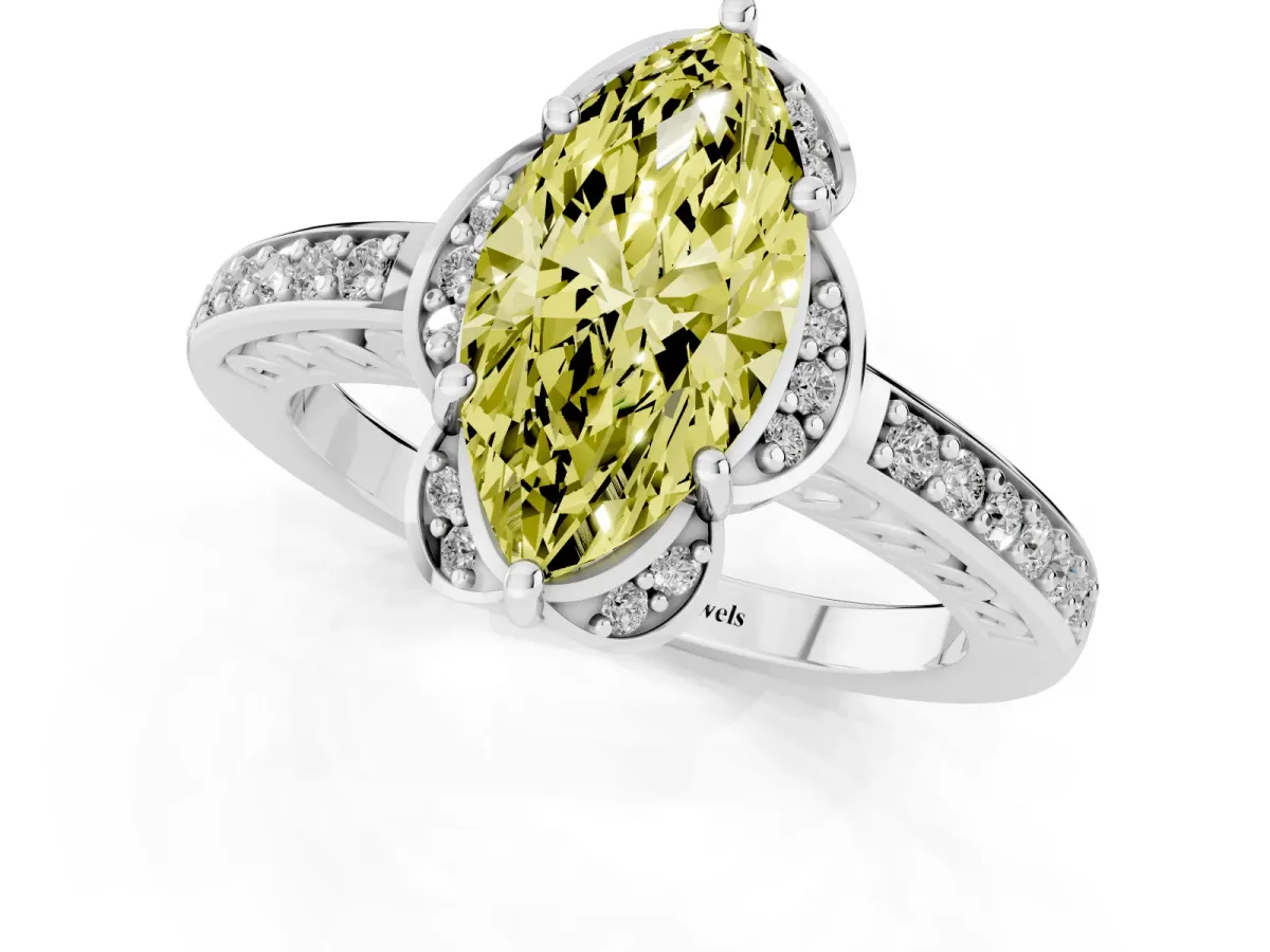 Fancy Yellow Marquise Cut Cut Halo Diamond Ring with Channel Set Band and Four-Prong Setting Platinum
