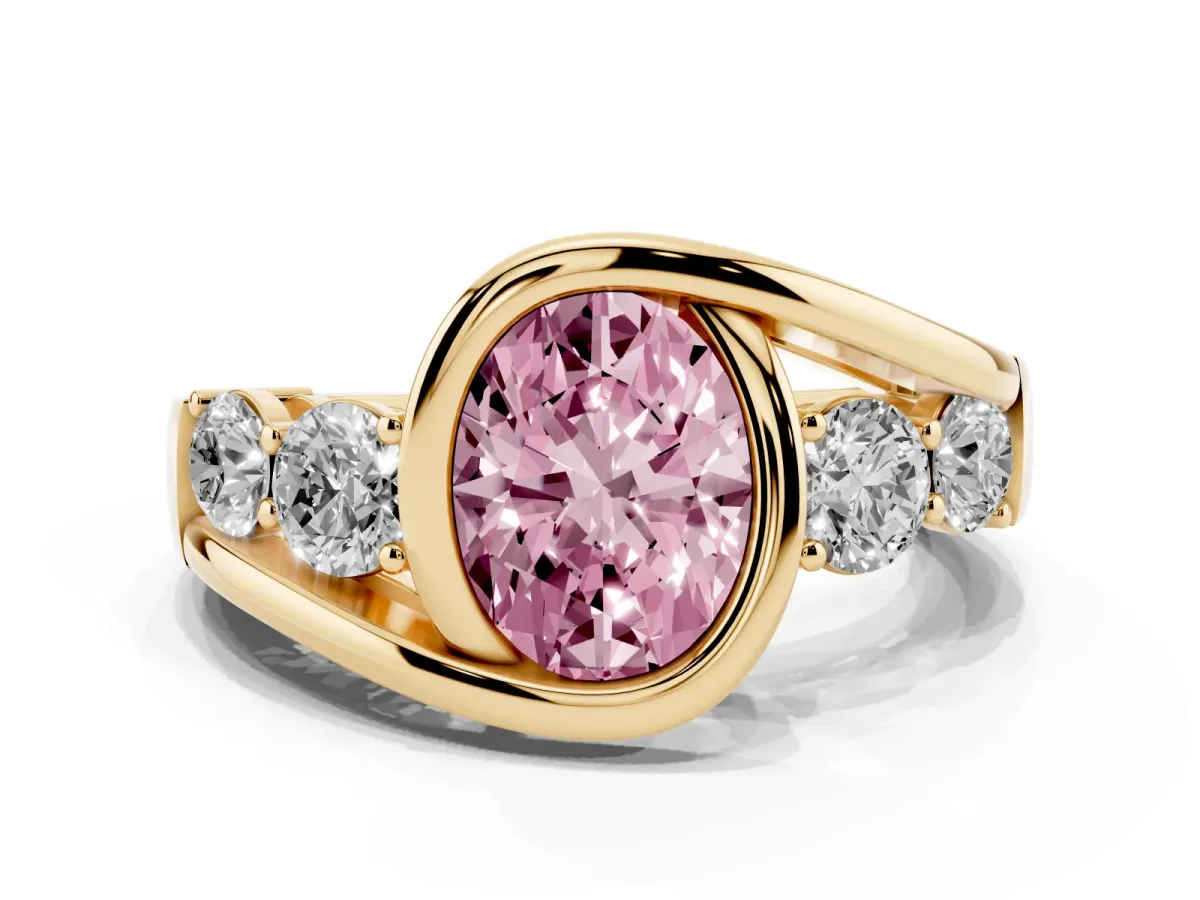 Fancy Pink Bezel Set Oval Cut Diamond Bypass Ring with Round Accents Yellow gold