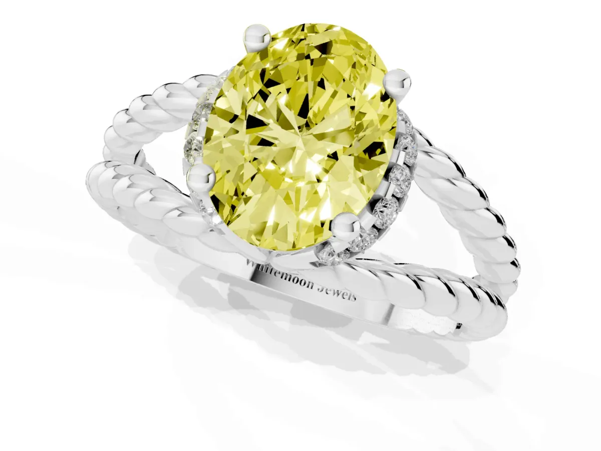 Fancy Yellow Oval Cut Halo Twisted Band Four-Prong Ring Silver