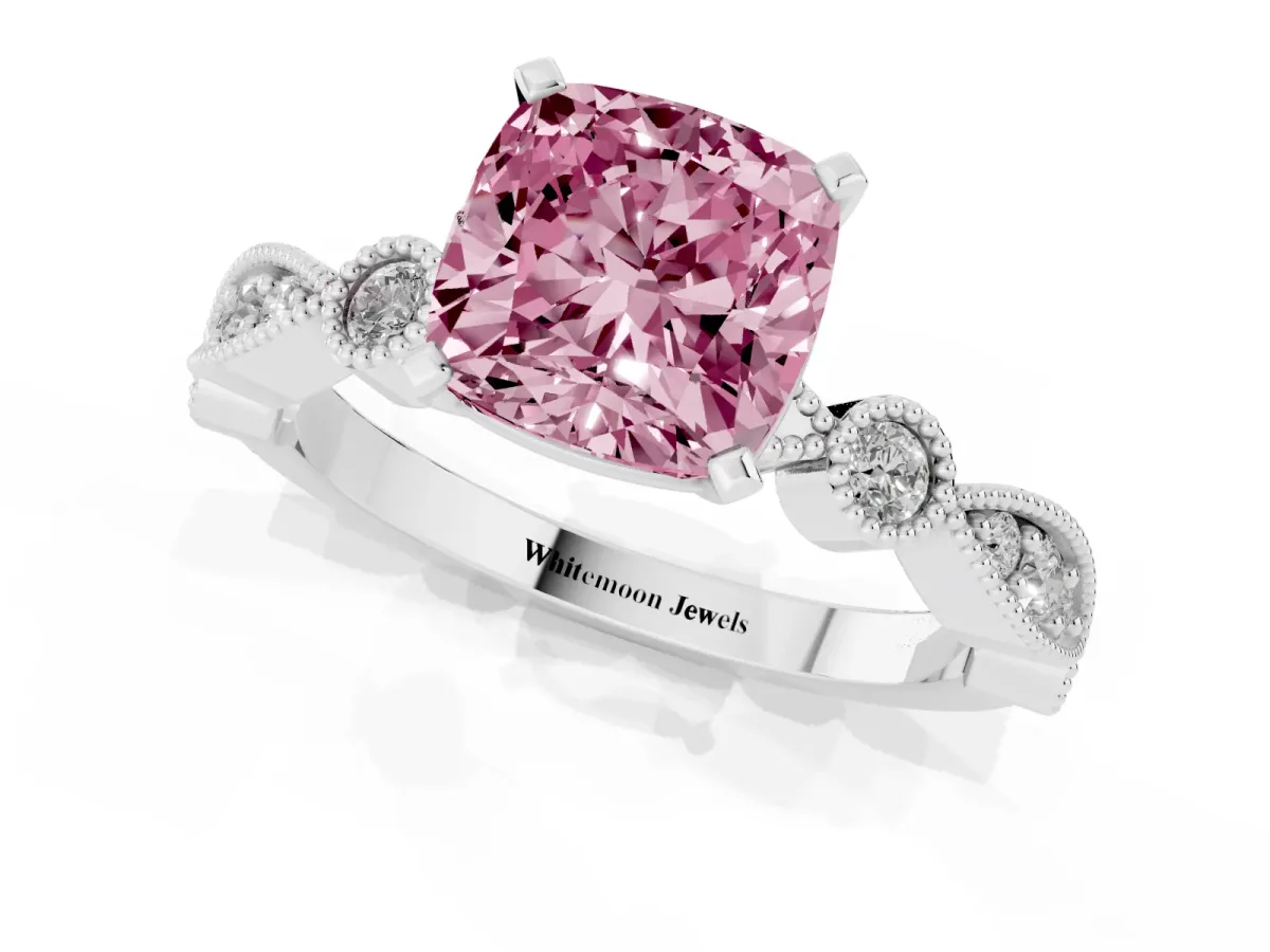 Fancy Pink Cushion Cut Milgrain Bezel Diamond Engagement Ring with Solitaire Prong Setting Silver
