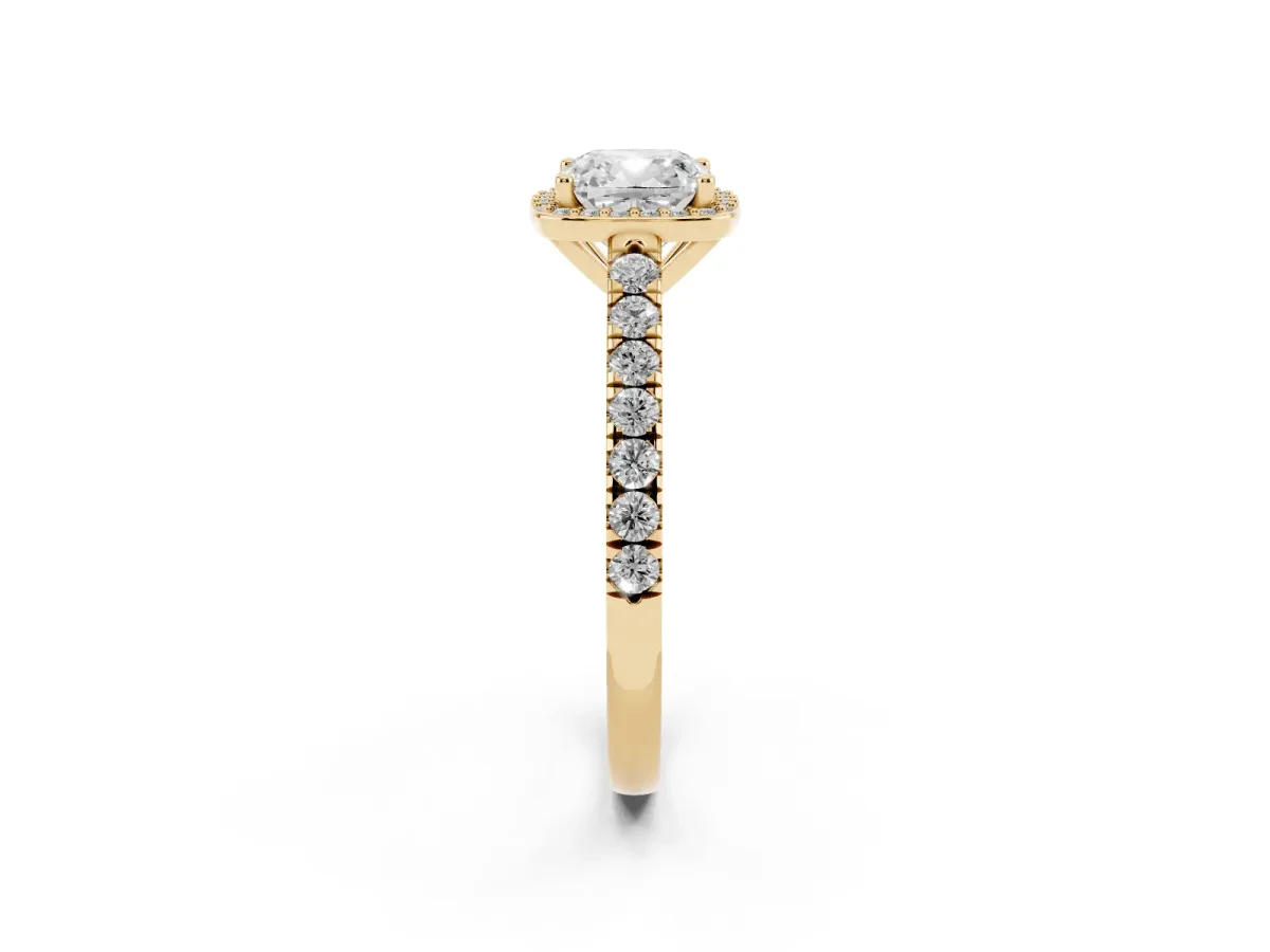 Cushion Cut Cut Halo Diamond Engagement Ring with Pave Band and Four-Prong Setting Yellow gold