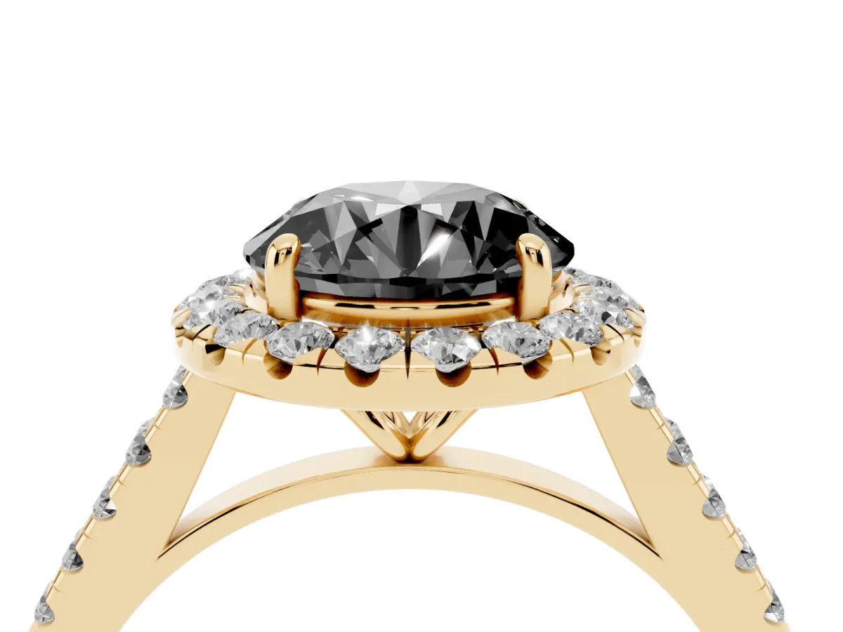 Fancy Black Round Cut Halo Pave Diamond Engagement Ring with Four-Prong Setting Yellow gold