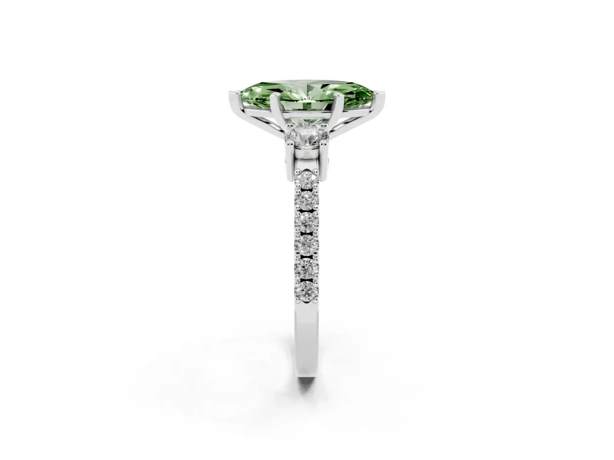 Fancy Green Marquise Cut Three-Stone Diamond Pavé Band with Prong Setting White gold