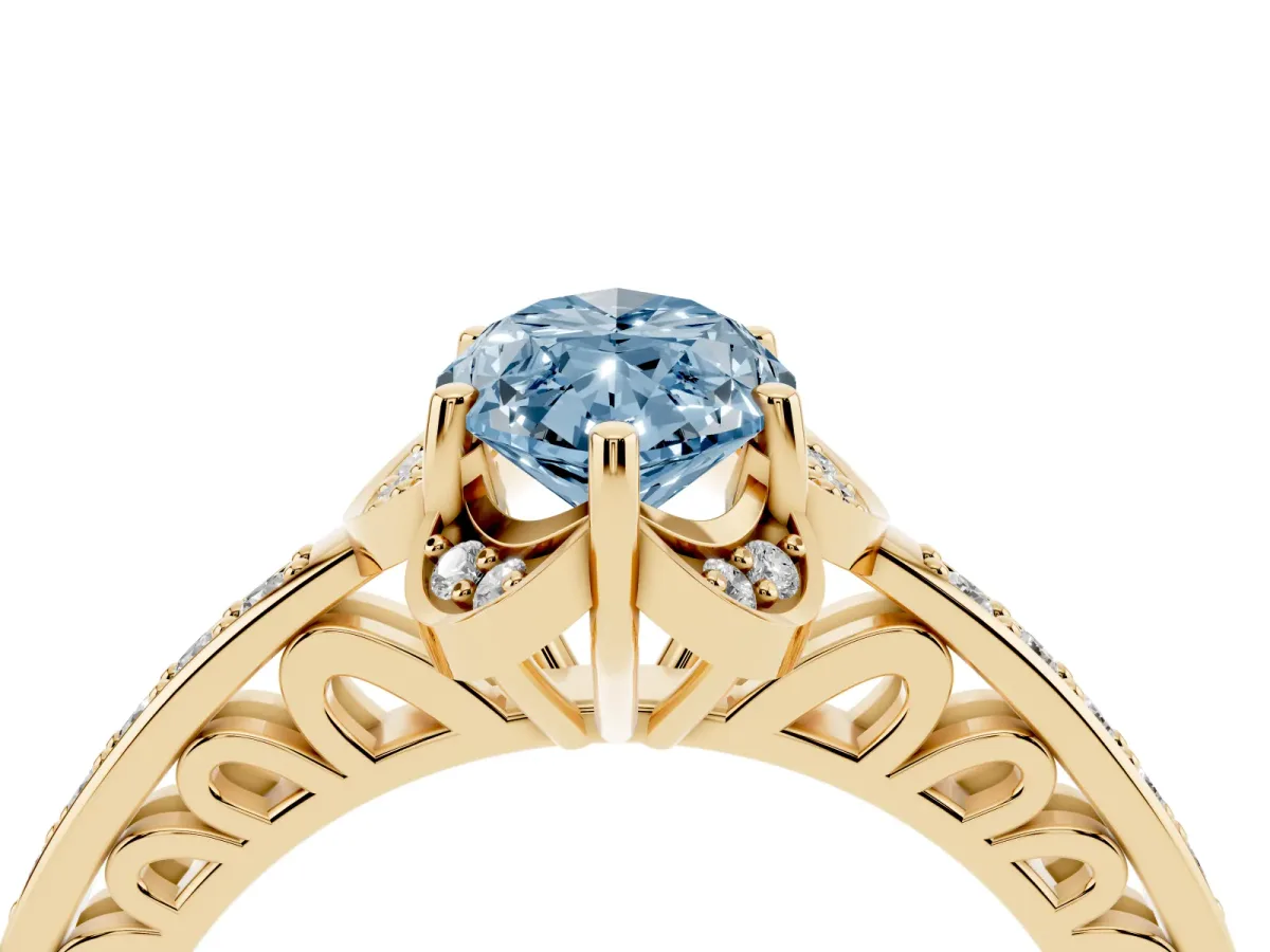 Fancy Blue Marquise Cut Cut Halo Diamond Ring with Channel Set Band and Four-Prong Setting Yellow gold