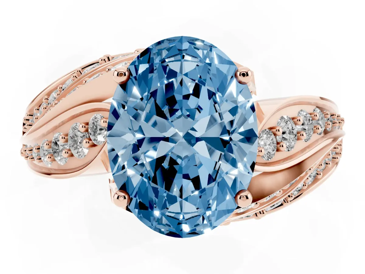 Fancy Blue Oval Cut Diamond Solitaire Ring with Prong Setting and Twisted Pavé Band Rose gold