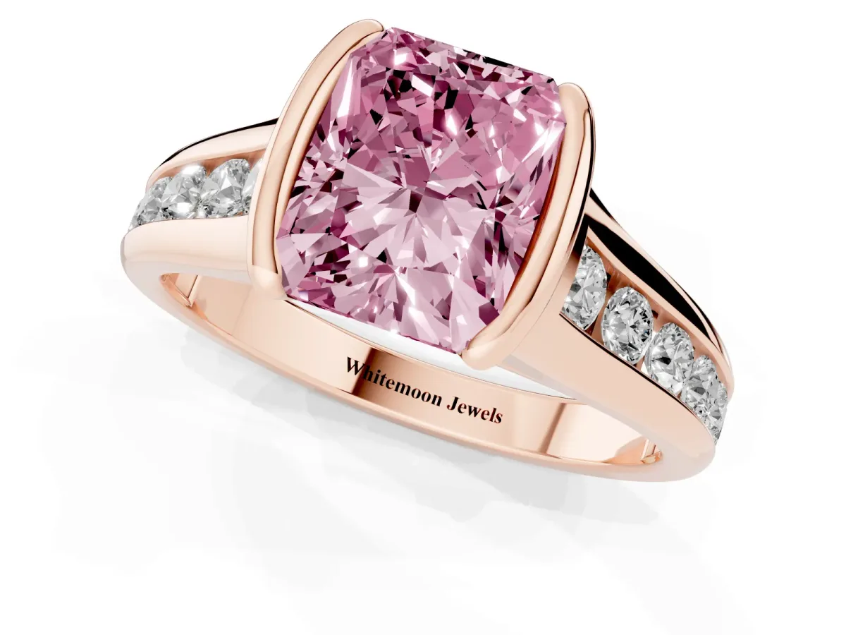 Fancy Pink Radiant Cut Solitaire Bezel-Set Diamond Ring with Channel-Set Band Rose gold