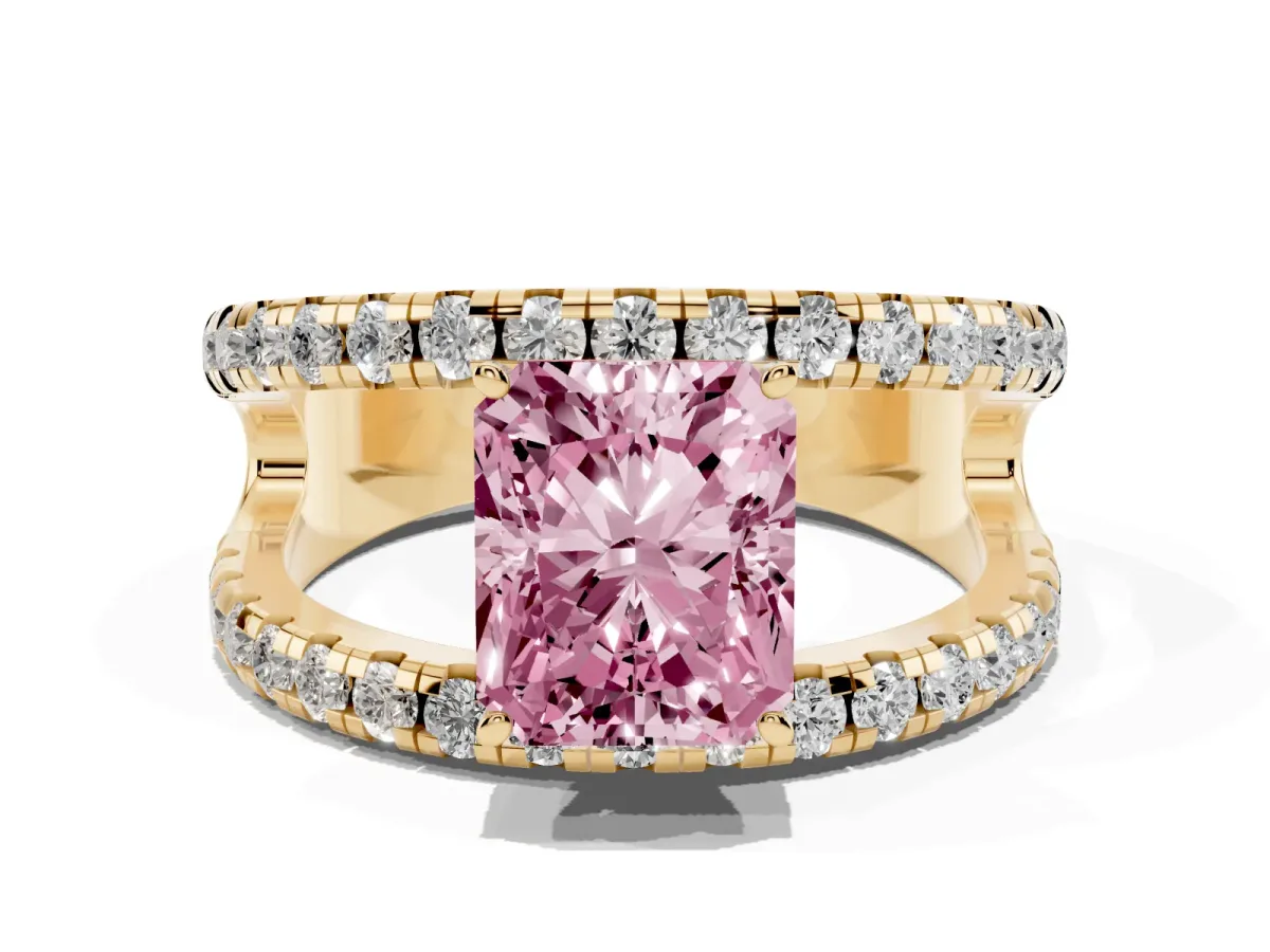 Fancy Pink Radiant Cut Solitaire Split Shank Pave Diamond Ring Yellow gold