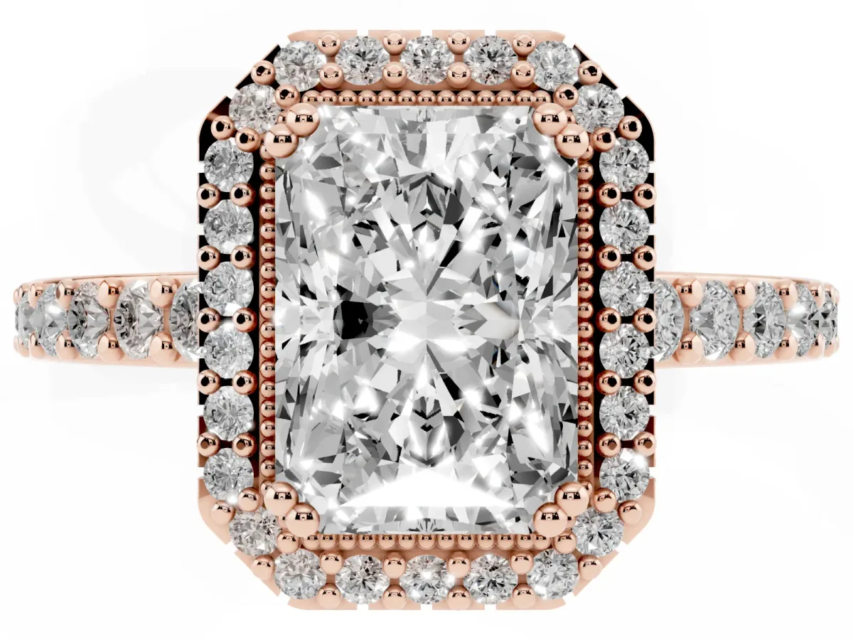 Radiant Cut Cut Diamond Halo Engagement Ring with Milgrain Detail and Pavé Band Rose gold